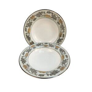Noritake China Silvine 5487 Soup Bowls Set Of 2 With Floral Leaf Pattern Rim Des